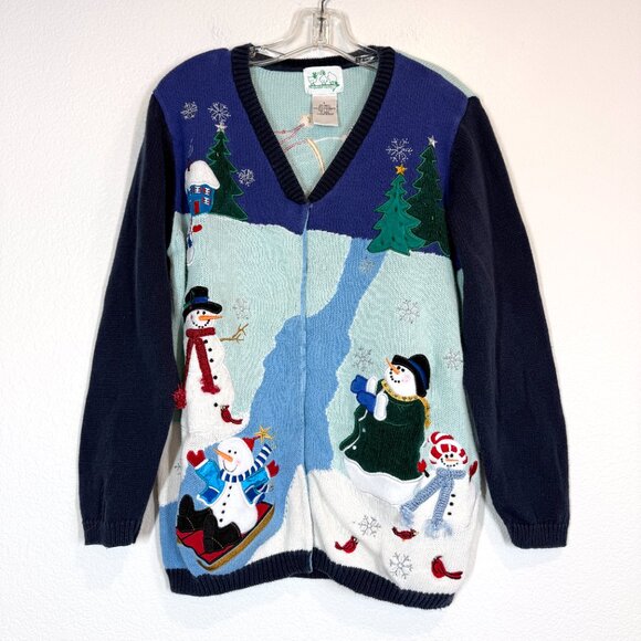 Vintage Quacker Factory Christmas Holiday Sweater Blue Embroidered Patches Large - Picture 13 of 13